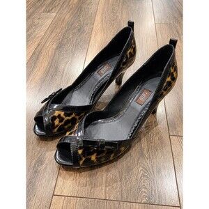 Rafe New York Womens 5 Black Leopard Print Patent Peep Toe Bow Pumps Heels Y2K